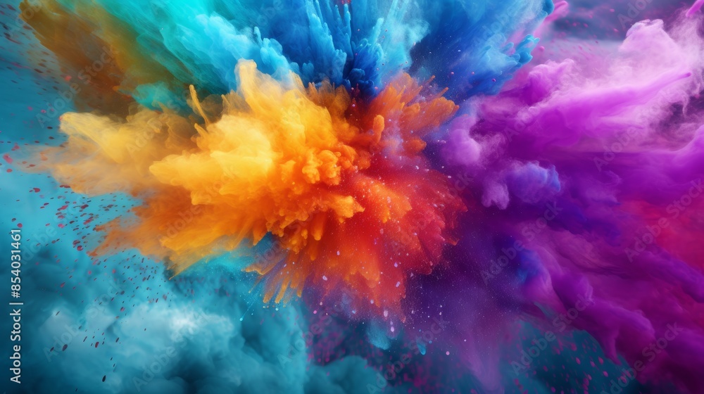 Poster close-up shot of Holi powder exploding, creating a mesmerizing kaleidoscope of colors.