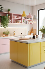 Modern kitchen interior with pastel colors. 