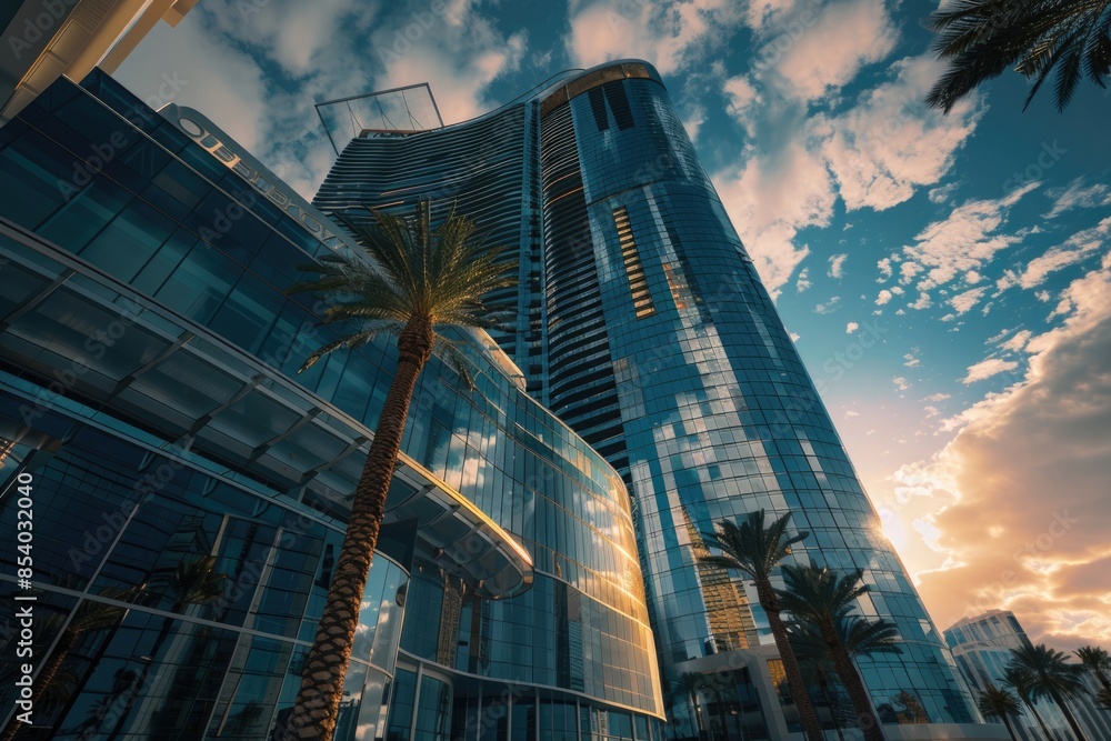Aufkleber A large structure with a single palm tree standing in front, possibly used as an architectural or urban planning concept