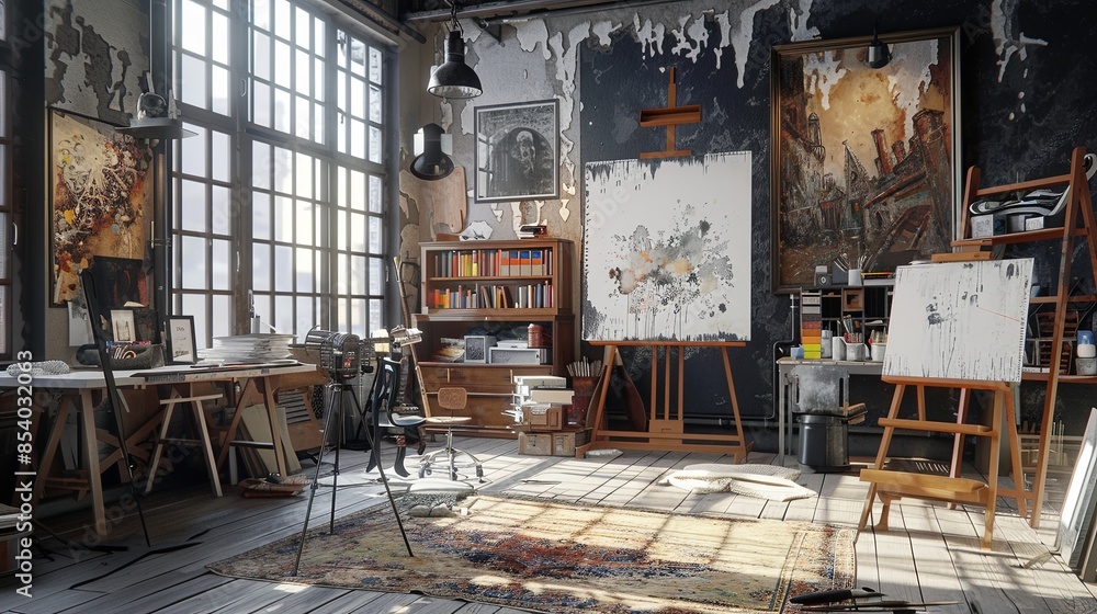 Poster a contemporary artists workspace featuring ai tools like digital canvases and smart brushes to aid i