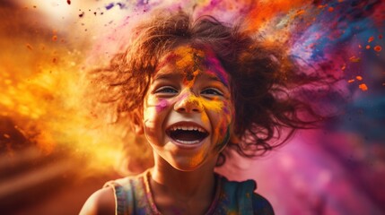 joyful child covered in Holi colors, their face beaming with happiness.