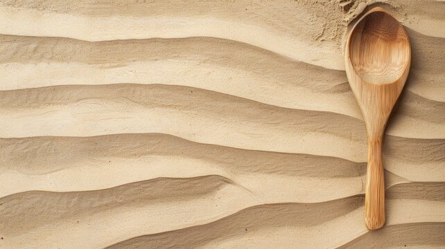 Wooden spoon on sandy wavy surface Minimalist design