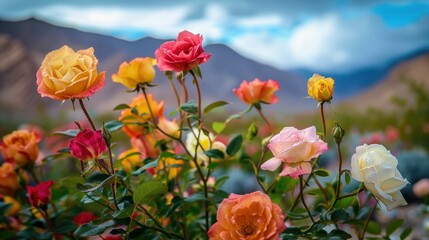 Obraz premium The desert has beautiful mountains and beautiful roses.
