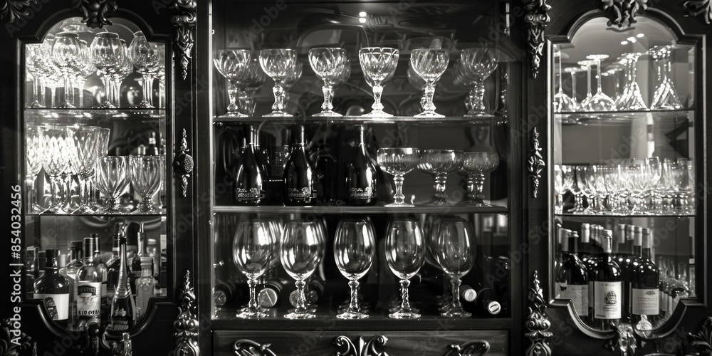 Poster a photograph of an empty glass cabinet in black and white, featuring a simple yet elegant design