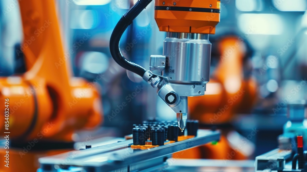 Poster a close-up shot of an industrial robot at work, with tools and machinery in the background