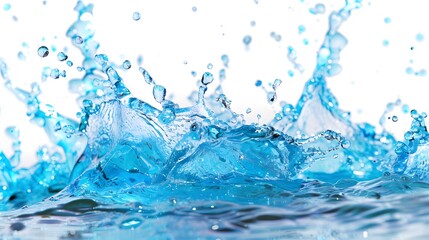 A high-speed capture of a water splash against a white background, showing detailed droplets and dynamic fluid motion.