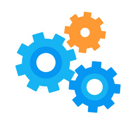 Vector graphics of three gears. One cog is orange and two are in different shades of color. Graphics in a flat style.