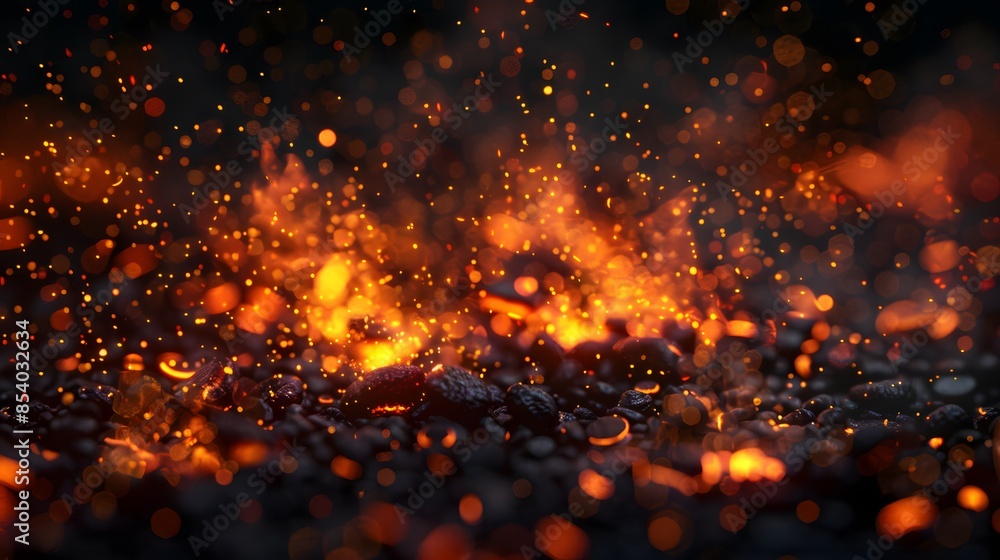 Poster abstract bokeh effect with orange sparkles and a dark background, resembling fiery embers in a dynam