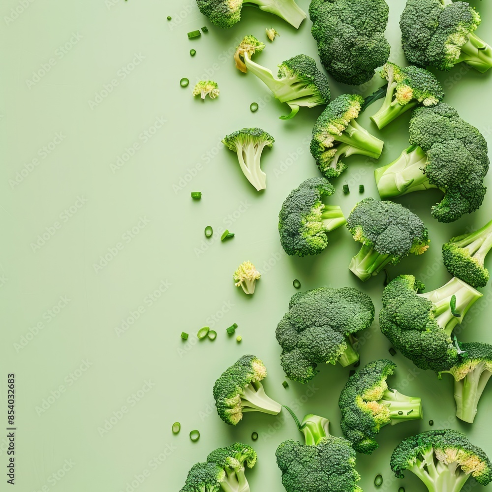 Poster a flat lay image of fresh green broccoli florets arranged on a light green background.