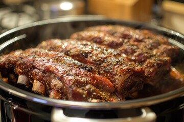 Close-up shot of cooked meat sizzling in a pan on a stove