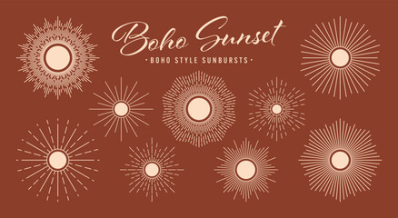 Vintage sunburst, sunset beams collection. Boho style, modern minimalist bohemian design. Hand drawn bursting sun, light rays. Logotype or lettering design element in retro style. Vector illustration