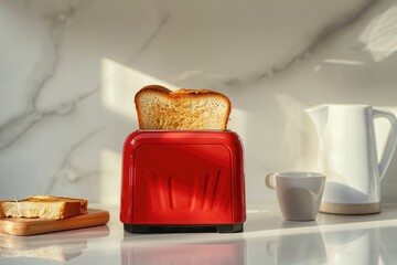 A red toaster sitting on top of a counter next to a cup of coffee