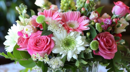 A close-up view of a bouquet of pink and white flowers, including roses, gerberas, and other varieties. The bouquet is arranged in a vase, with green leaves and stems visible.