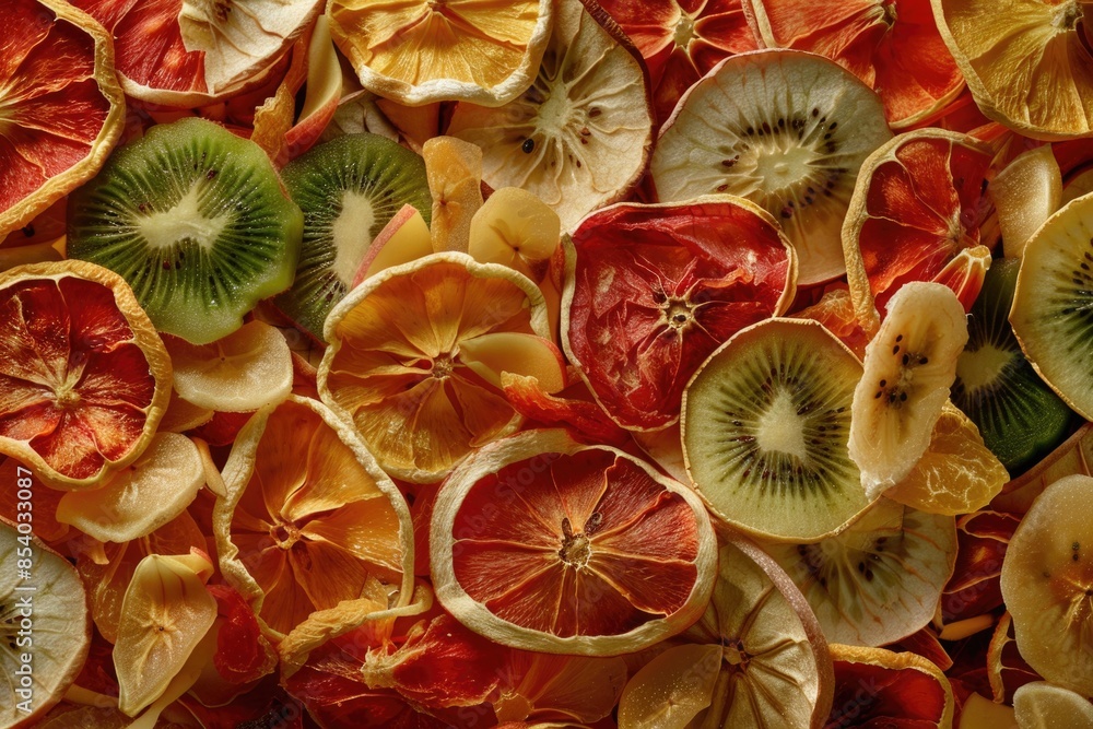 Poster a colorful arrangement of sliced fruit on a table