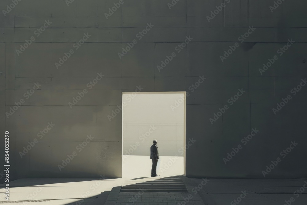 Poster a person stands in an open doorway in a building