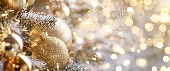 Naklejka premium Close-up of gold Christmas ornaments hanging on a snow-dusted tree, surrounded by warm bokeh lights, creating a festive and elegant holiday ambiance