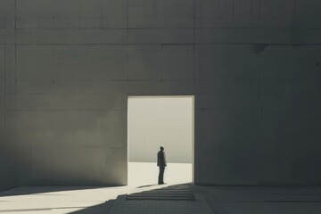 A person stands in an open doorway in a building