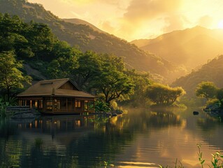 Fototapeta premium A photorealistic depiction of a serene lake house at sunset