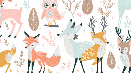 A colorful drawing of various woodland animals, including deer, foxes, and owls
