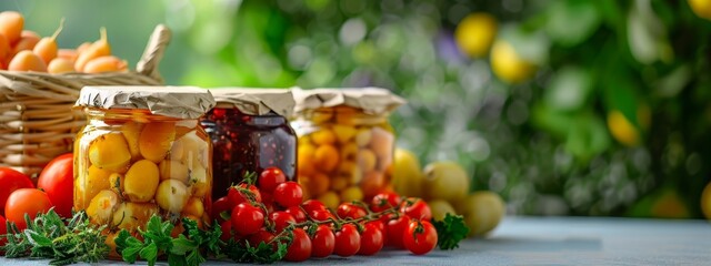  A table, laden with jars holding fruits and vegetables, stands beside a basket brimming with tomatoes and carrots