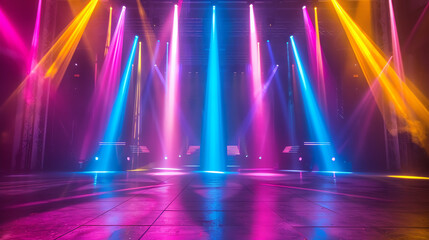 Neon Light Beams Stage with beams of neon light in shades of blue, pink, and yellow, creating a dramatic and energetic look.