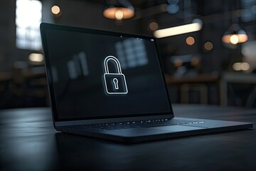 Futuristic Laptop with Digital Padlock on Screen in Red Lighting Background. Digital Technology, Data Protection, and Cyber Security Concept