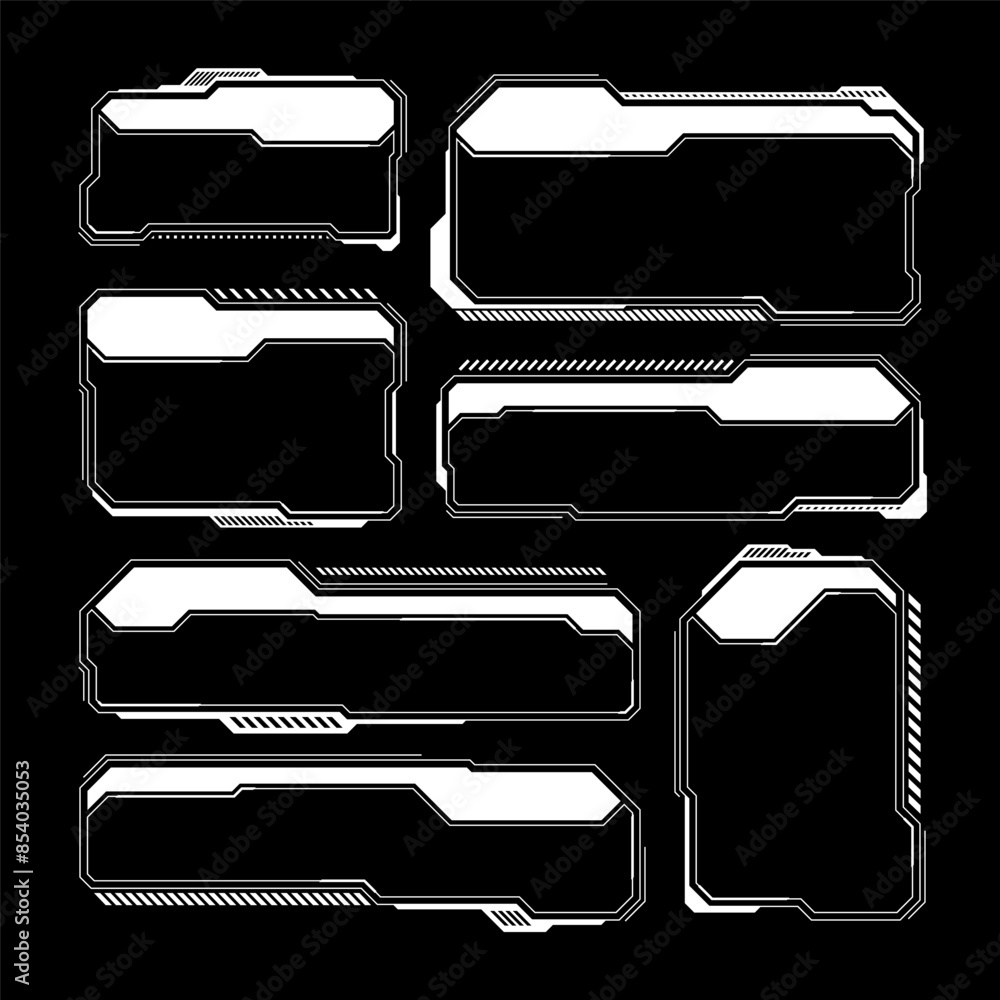 Poster White futuristic HUD, UI elements. Sci-fi user interface text boxes, callouts. Warning message frames, information boxes template. Modern game interface layout in digital style. Vector illustration