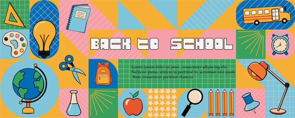 Back to school sale banner, poster, background. Groove retro style vector illustration.