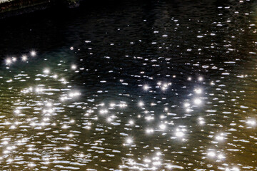 Sunlight reflects in many glittering stars from a dark water surface