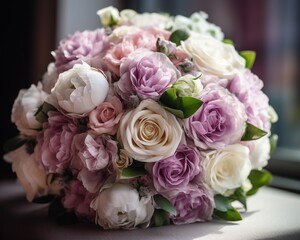 Obraz premium Beautiful purple, pink and white bridal bouquet