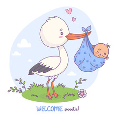 Cute stork standing in grass with gift newborn baby boy. Vector illustration. Funny Cartoon bird kawaii and infant. Cool childish card birthday. Kids collection