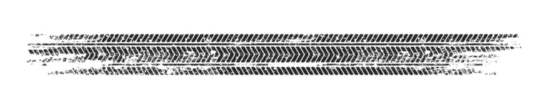Grunge tire track, wheel braking marks. Truck, car or motorcycle tread pattern silhouette. Auto race, motorsport, speed racing design element. Vector illustration