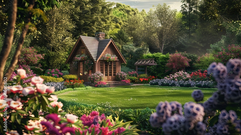 Aufkleber a colorful garden of blooming flowers with a quaint cottage in the background, creating a whimsical 