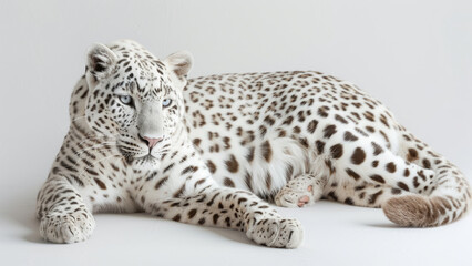 A rare albino leopard with striking white and pale spots, prowling gracefully in a minimalist studio setting, showcasing its unique and beautiful appearance.
