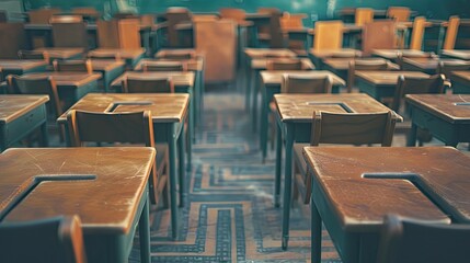 Classroom desks forming a maze-like pattern