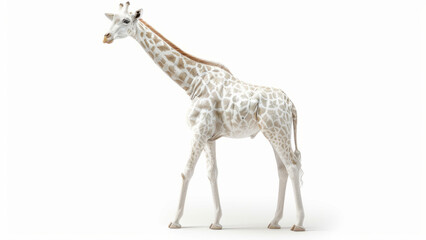 Naklejka premium A rare albino giraffe with striking white and pale patches, standing tall in a minimalist studio setting, showcasing its unique and beautiful appearance. 