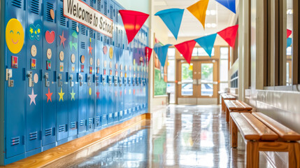 School hallway with decorated blue lockers and colorful bunting, capturing welcoming atmosphere for students. Perfect for back-to-school promotions and educational content. Concept of back to school