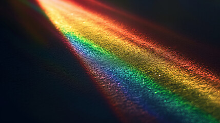 The luminous spectrum of the rainbow on black background, very small and blurry in center of frame, textured and grainy