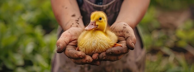  A person holds a small yellow duck, its feet stained with mud, amidst a backdrop of lush grass
