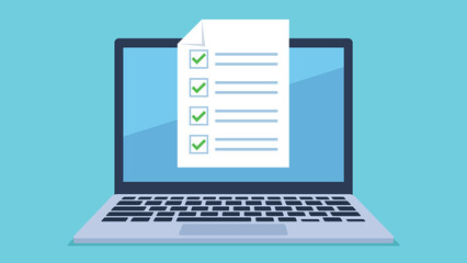 A laptop with a correctly completed survey or test on the screen. All answers are correct. Vector graphics in flat style.