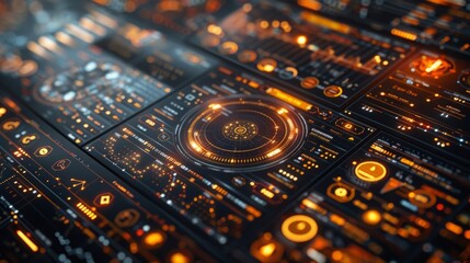 A close-up view of a futuristic user interface with a black background and orange accents.