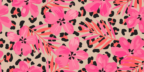 Exotic hand drawn flowers print, seamless patterns with floral and leopard for fabric, textiles, clothing, poster, cover, banner, wall art, home decor, abstract backgrounds. © Udomdech