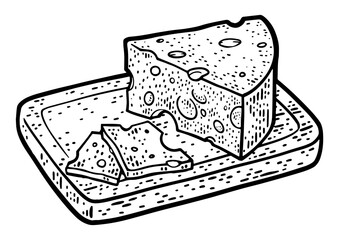 cheese sliced on a cutting board sketch engraving PNG illustration. T-shirt apparel print design. Scratch board imitation. Black and white hand drawn image.