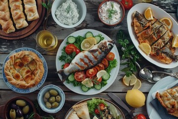 Selection of traditional greek food - salad, meze, pie, fish, tzatziki, dolma on wood background, top view
