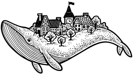 Houses town city on the back of a whale sketch engraving PNG illustration. T-shirt apparel print design. Scratch board imitation. Black and white hand drawn image.
