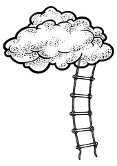 Rope ladder to cloud sketch engraving PNG illustration. Stairs to heaven metaphor. T-shirt apparel print design. Scratch board imitation. Black and white hand drawn image.