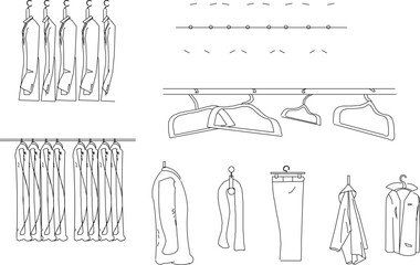 Vector silhouette illustration sketch of detailed design of clothes hanger display case for storage