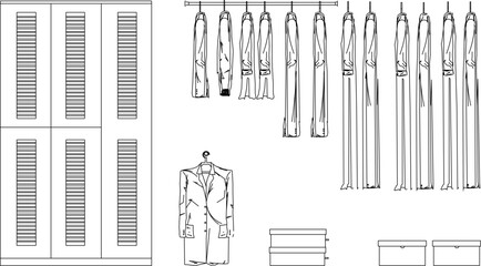 Vector silhouette illustration sketch of detailed design of clothes hanger display case for storage