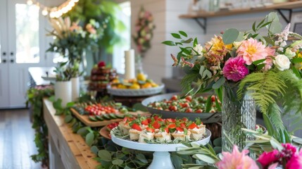 A long wooden table set with a variety of appetizers and garnished with greenery. A large floral arrangement in a vase is the centerpiece of the table.