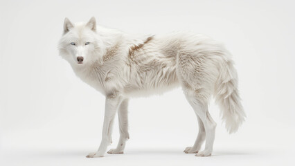 Obraz premium A rare albino wolf with striking white and pale fur, standing proudly in a minimalist studio setting, showcasing its unique and beautiful appearance. 